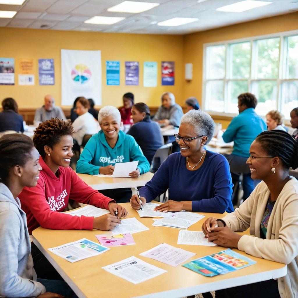 A warm and inviting scene depicting a diverse group of people gathered in a bright, cozy community center, sharing resources and support. Include a table filled with informational brochures about cancer, along with a lively discussion in progress among cancer survivors and their families. Surrounding them are uplifting banners of hope and solidarity. The atmosphere is filled with smiles, empathy, and strength. super-realistic. vibrant colors. warm lighting.