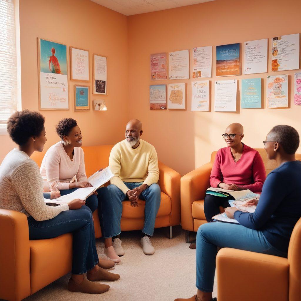 A diverse group of patients of varying ages and backgrounds, sitting together in a bright, supportive room filled with educational materials. They are engaged in a friendly discussion, sharing experiences with cancer, while a caring educator provides guidance, symbolizing empowerment and collaboration. The atmosphere is warm and uplifting, featuring soft lighting and motivational posters in the background. super-realistic. vibrant colors. warm tones.